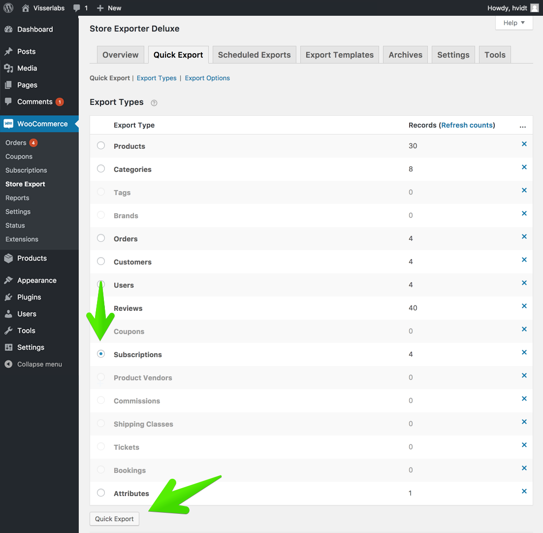 WooCommerce quick export data settings