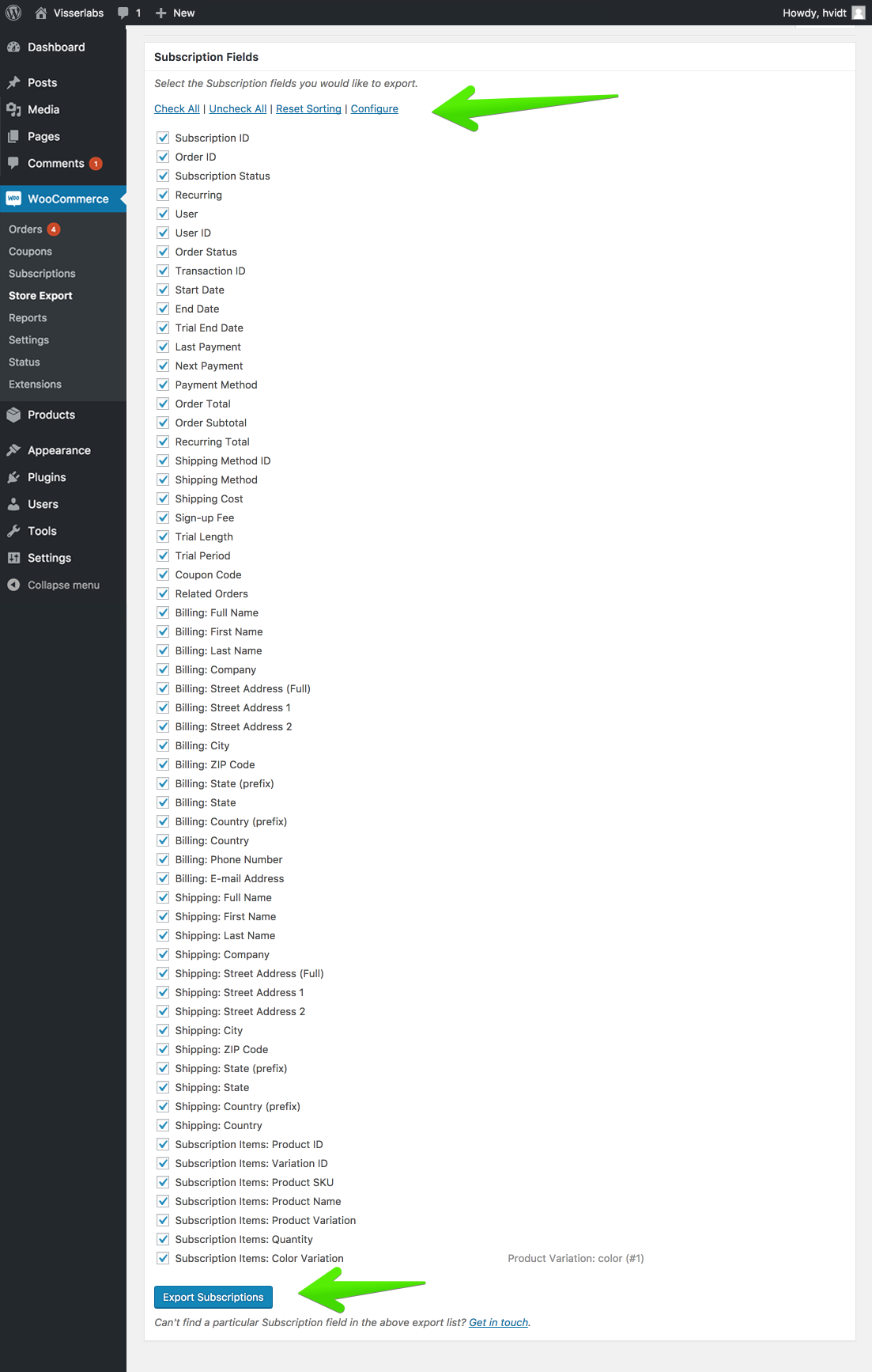Select WooCommerce fields to export
